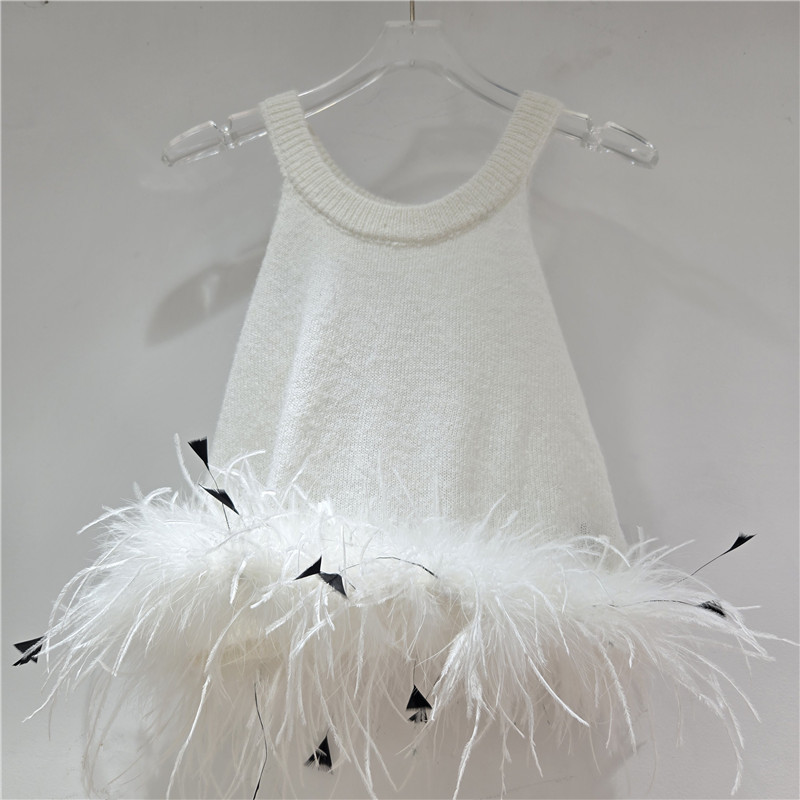2025 Autumn New Style Fringe Tassel Ostrich Feather Halter Neck Sleeveless Vest for Women, Can Be Worn Inside or Outside