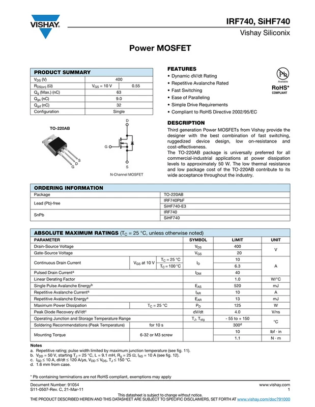 Chính Hãng IRF740PBF TO-220 N Kênh 400V/10A Cắm Trực Tiếp MOSFET Ống Hiệu Ứng Trường