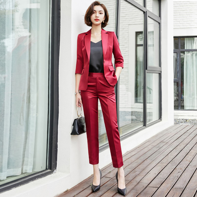 Red Blazer for Women, Three-Quarter Sleeves, Summer Professional Attire, Slim Fit, Fashionable Small Suit Set, Annual Meeting Host Formal Wear