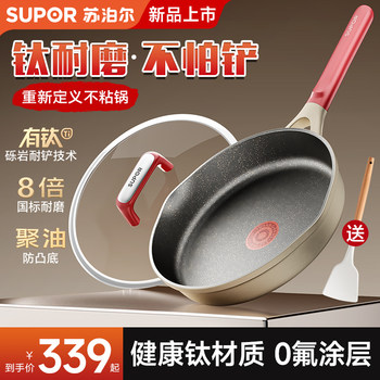 Supor Titanium Non-Stick Frying Pan for Home Use, Oil-Collecting Flat-Bottomed Pan, Red Dot Frying Pan, Suitable for Induction Cookers and Gas Stoves, General-Purpose Cooking Pan