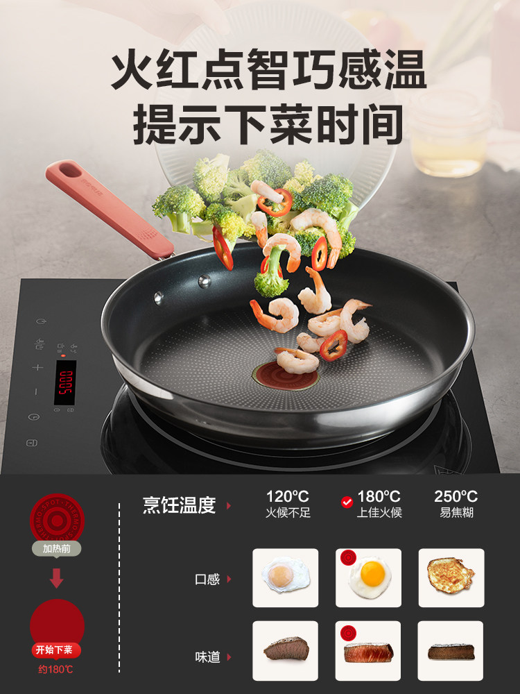 Supor Has a Titanium Non-Stick Frying Pan for Home Use, Steak Frying Pan, Stainless Steel Red Dot Oil-Collecting Pan, Special for Frying Eggs and Pancakes