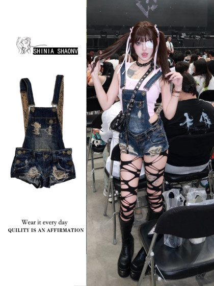 Y2k亚比辣妹古着感水洗破洞牛仔背带短裤女修身显瘦包臀a字吊带裤
