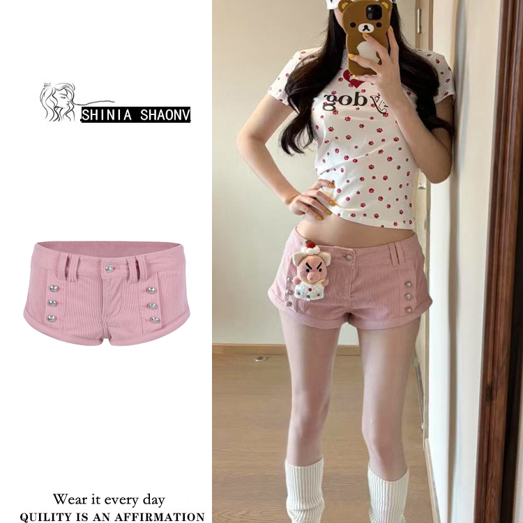 Women's Summer Pink Beaded Low-Waist Hip-Hugging Hot Pants, Millennial Style, Loose, Slimming, Leg-Lengthening Shorts