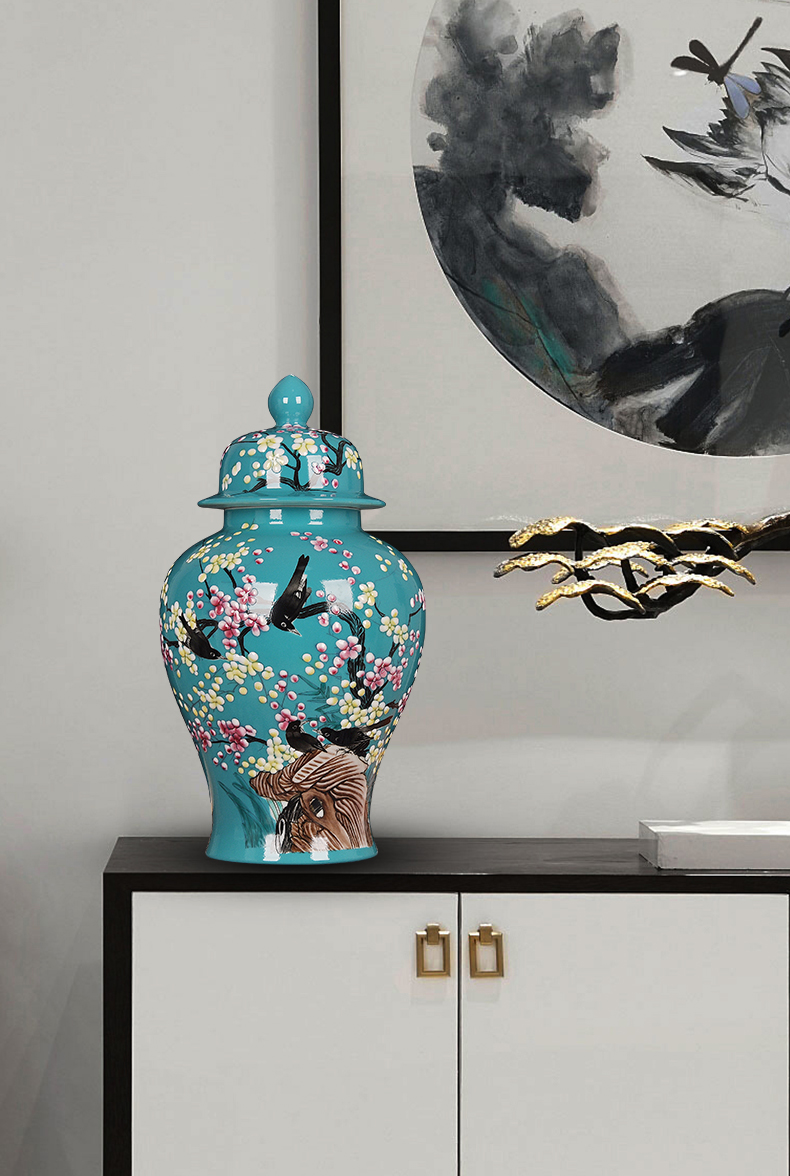 Jingdezhen ceramics powder enamel handpainted xi mei tip on the general tank treasures sitting room home decoration handicraft furnishing articles