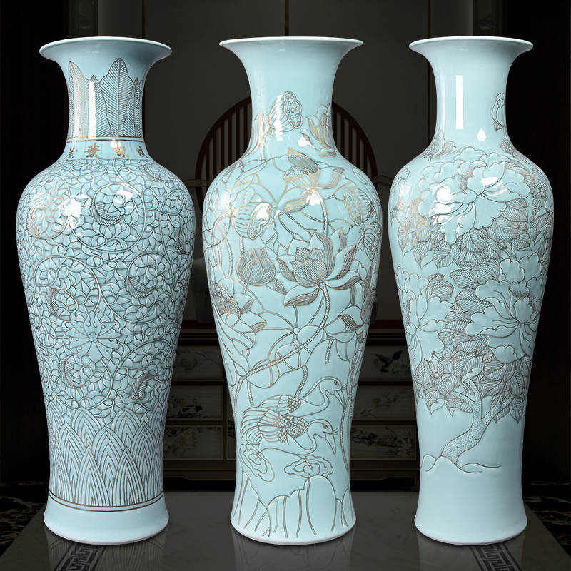 Jingdezhen ceramics big vase sitting room ground peony large gifts furnishing articles furnishing articles shadow carving celadon lotus