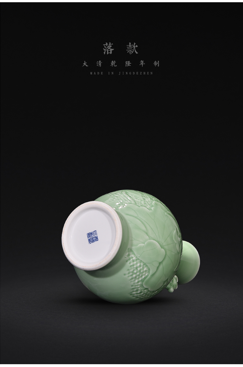 Jingdezhen ceramic film green ears bottle of new Chinese style carved lotus sitting room porch place flower decoration