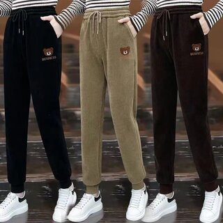 2025秋冬爆款加绒加厚哈伦裤女灯芯绒高腰显瘦束脚休闲运动裤小熊