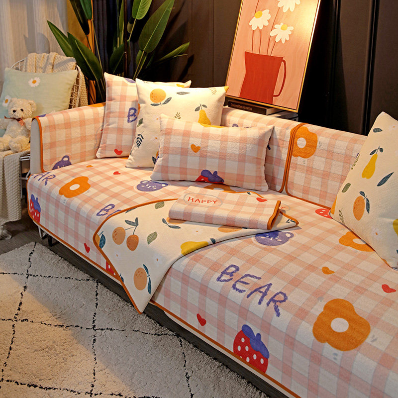 Winter milk suede sofa cushion Nordic minimalist Cartoon Pattern Short Plush Anti Slip Thickened Fabric Sofa Cover Scarves