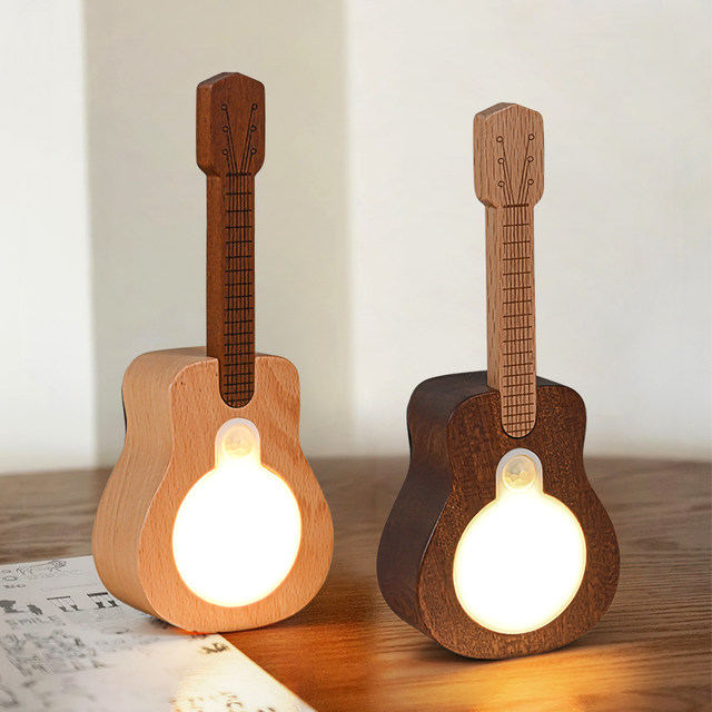 Creative Wooden Guitar Sensor Lamp Indoor Home Rechargeable Wall Lamp Rgb Colorful Atmosphere Desktop Ornament Creative Lamp