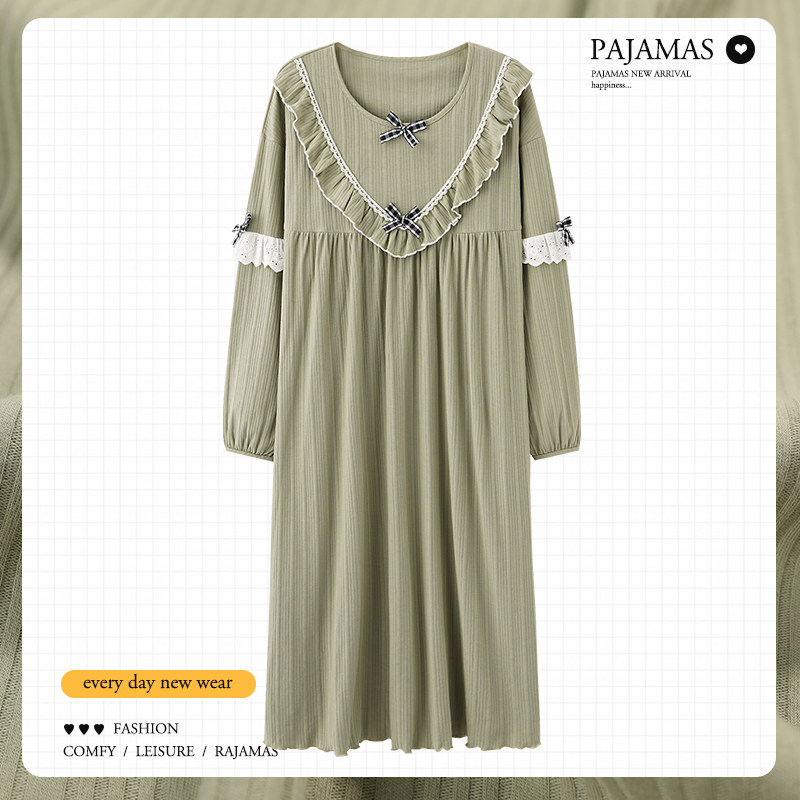 Princess Wind Sleeping Dress Lady Spring Autumn Season Sleeping Clothing Light Green With Chest Cushion Long Sleeve Pure Cotton 2021 New Winter Home Clothing