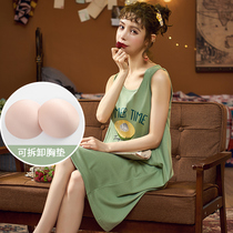  New sling nightdress women with chest pads can wear pajamas outside womens cotton vest mid-length sleeveless nightdress summer