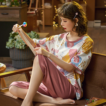 2020 pure cotton new spring and summer thin pajamas womens short-sleeved suit three-point pants student loungewear student