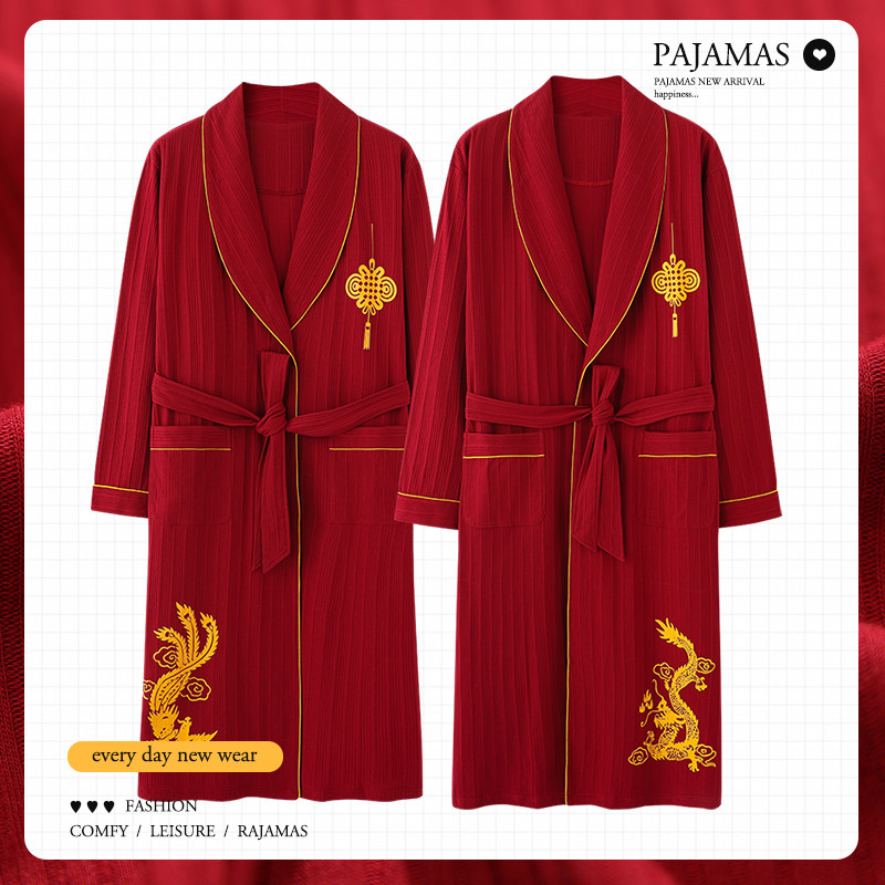 Couple Sleepwear Wedding Spring Fall Red Bridal Woman Morning Gown Wedding Pyjamas Pure Cotton Long Version New Wedding Suit Autumn Winter