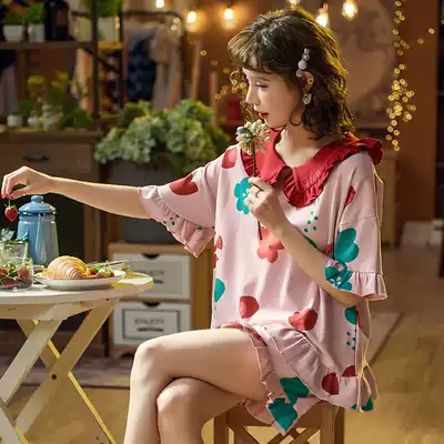 New pajamas women's spring and summer pure cotton short-sleeved shorts lapel student ins thin loose home service suit