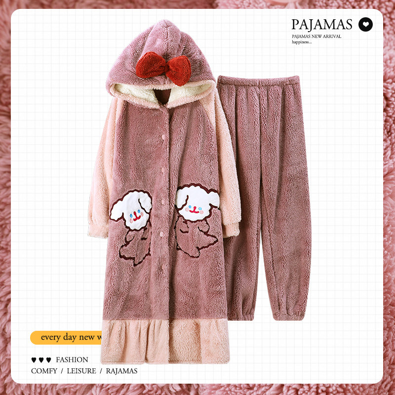 Nightgown women's autumn and winter clothes women's coral fleece thickened and velvet 2021 new suit cartoon flannel home clothes