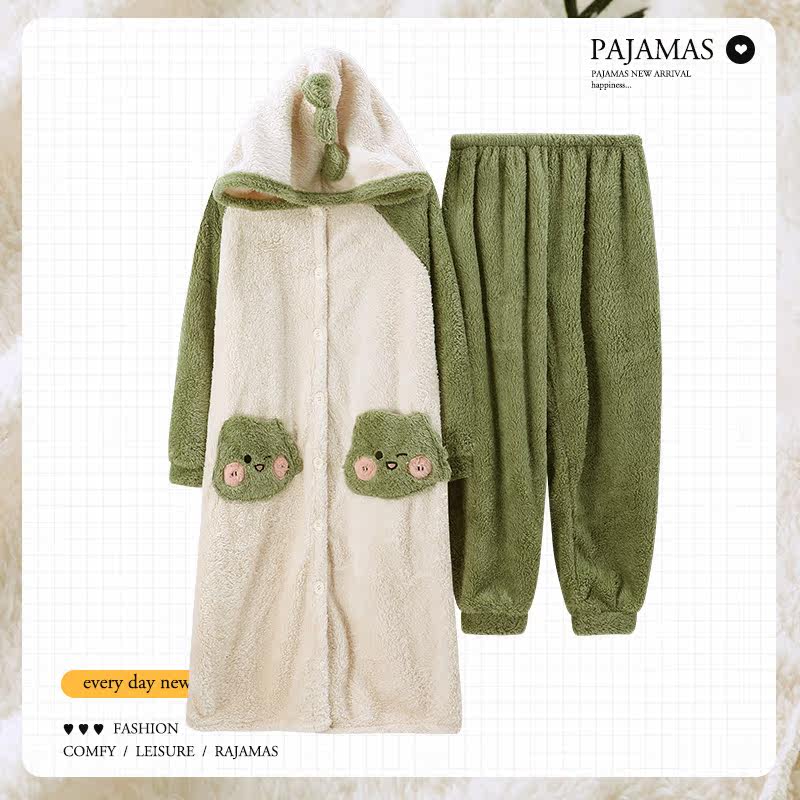 Coral Suede Pajamas Woman Autumn Winter Cute Plus Suede Thickened Bathrobe Sleeping Robes Long Version Flannel Suede Suit Suit