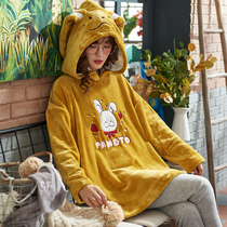  The new Korean version of autumn and winter coral velvet pajamas women thickened cute cartoon long-sleeved flannel home service suit