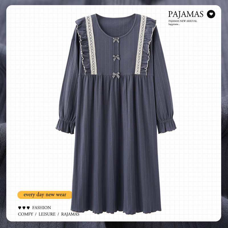 Palace Wind Sleeping Dress Lady Spring Autumn Long Sleeves Long Version Lace Butterfly Knots Sweet And Sexy Princess Pyjamas With Chest Cushion Winter