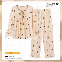New Pint Pyjamas Woman Spring Autumns pure cotton long sleeves Two suits Fall Korean version can be worn out of full cotton thin family home clothes