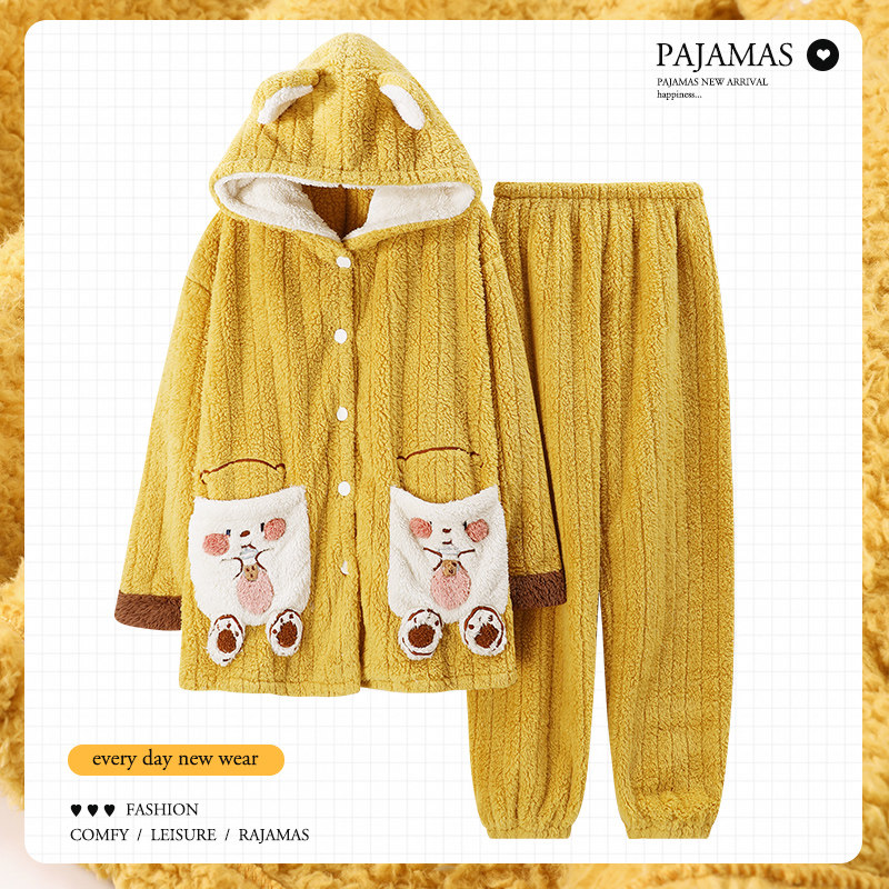 Pajamas women's autumn and winter 2021 new three-layer thickened coral fleece quilted plus velvet cute flannel home clothes