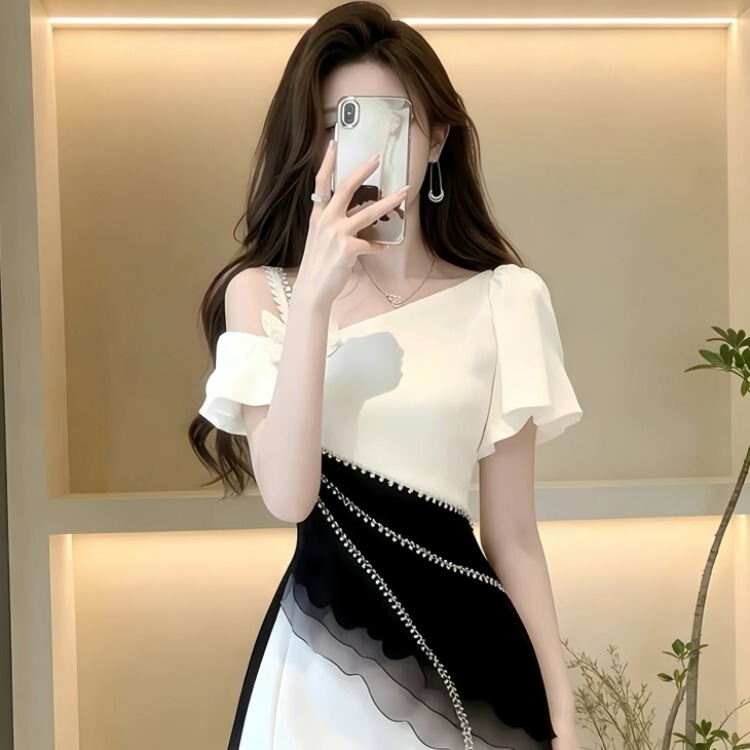 Petite Black and White Color-Blocked Dress for Women, Summer New Design, Asymmetrical Shoulder, Waist-Cinching, Short Skirt