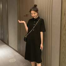  Maternity dress Summer loose plus size small fashion black polo shirt T-shirt mid-length skirt