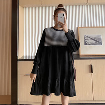 MITI MITI pregnant women autumn and winter New Korean fake two-piece dress fashion thousand bird grid pleated loose dress
