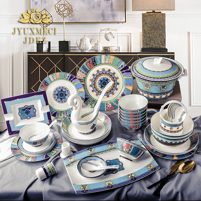 High-end croquette set home bone china tableware Jingdezhen luxury Western-style dishes and plates combination gift porcelain Shangri-La