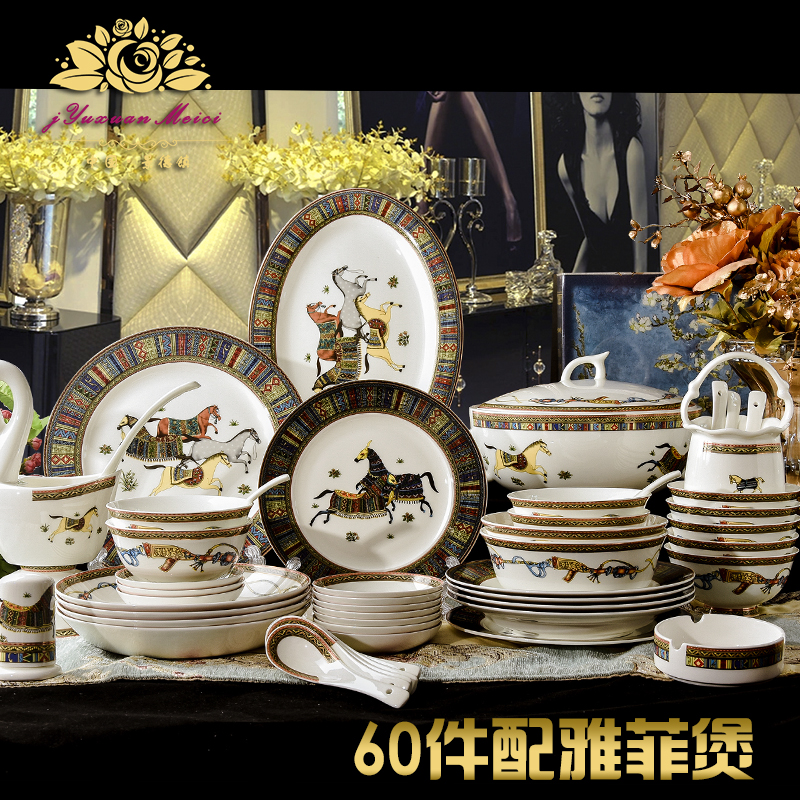 Dish set of 60 upscale Western bone porcelain Jingdezhen household ceramic tableware luxury Han - European gift ceramic