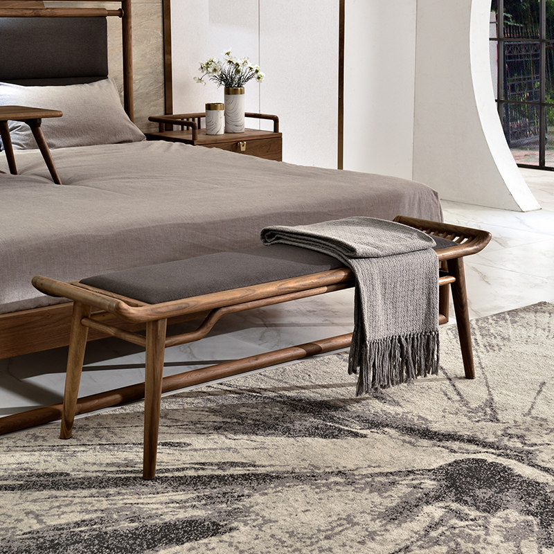 Modern New Chinese Black Walnut Bedstool Household with long bench pure wooden bedroom furniture changed shoe stool