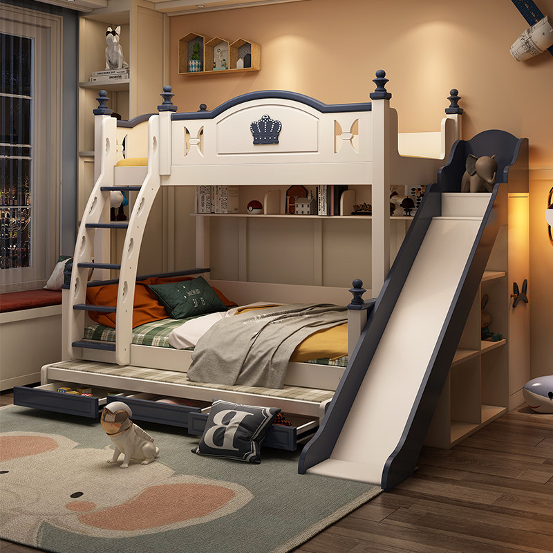 Bunk bed with slide mother bed dragging bed two floors high and low bed boys' cribs multifunctional solid wood
