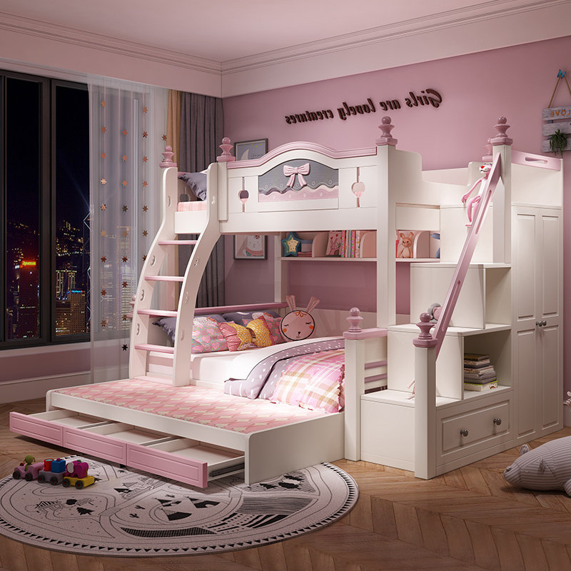 Children's bed girls princess bed pink bow bunk bed up and down bed high and low bed slide multifunctional combination bed