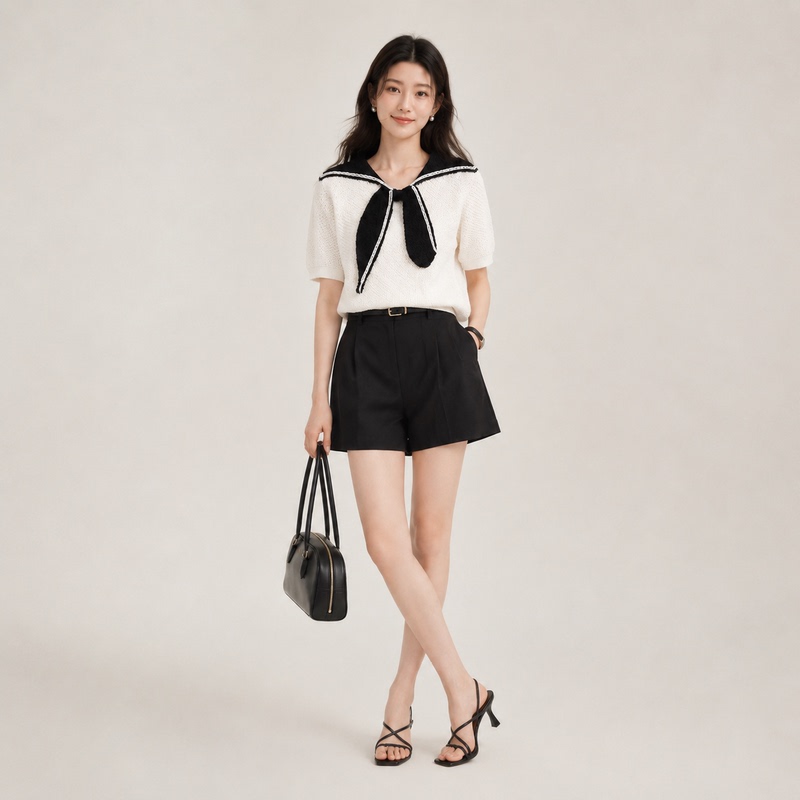 Summer New Fashion Loose-Fitting Slimming Short-Sleeved Knitted Sweater with Bowknot Design and Contrasting Navy Collar Summer New Fashion Loose-Fitting Slimming Short-Sleeved Knitted Sweater with Bowknot Design and Contrasting Navy Collar