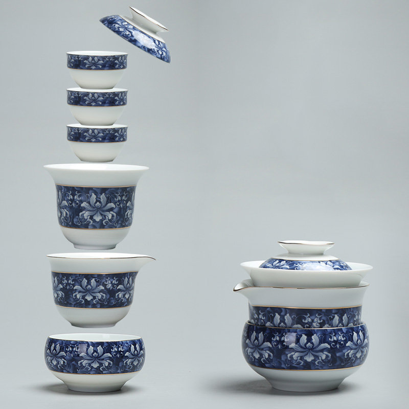 Creative home Ceramic Gongfu tea with green flower Porcelain Express Guest Cup Accommodating portable with bag travel office tea set