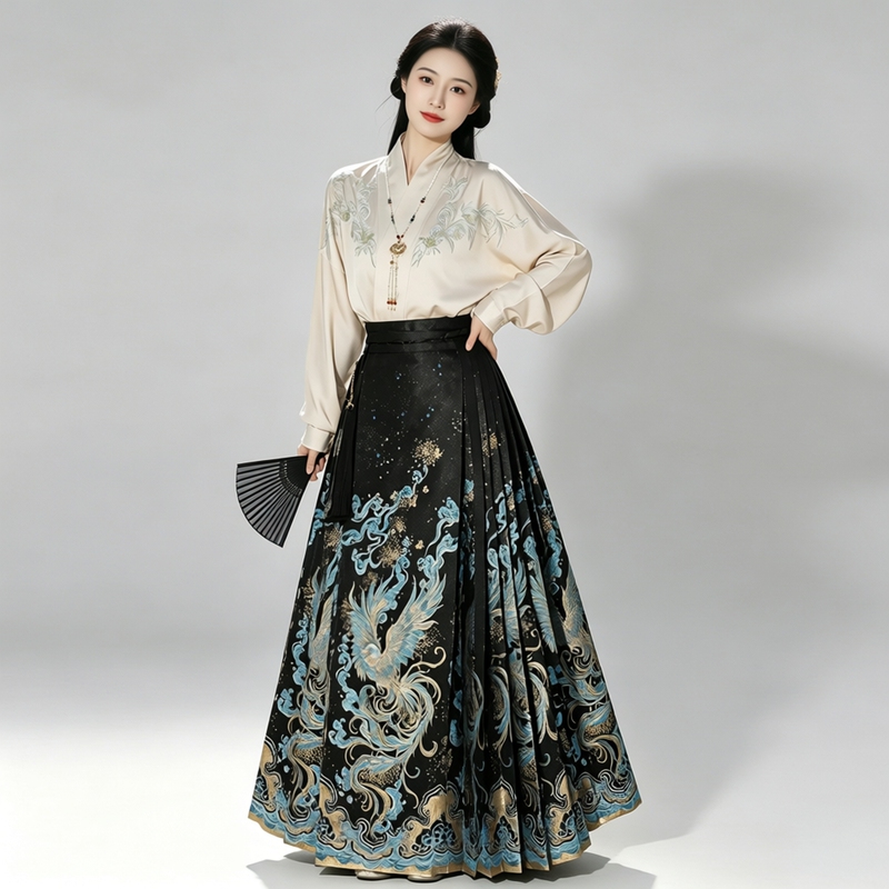 New Chinese-Style Ming-Dynasty-Inspired Improved Hanfu with Phoenix Print, Mamian Skirt-Piece Set, Autumn, Plus-Size, Puff-Sleeve Top, Suitable for Everyday Wear New Chinese-Style Ming-Dynasty-Inspired Improved Hanfu with Phoenix Print, Mamian Skirt-Piece Set, Autumn, Plus-Size, Puff-Sleeve Top, Suitable for Everyday Wear