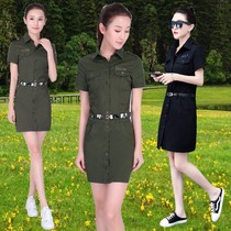 Turn Collar Shirt Army Green Dress Skirt Woman Short Sleeve One Step Skirt 2022 Summer Dress New Mid-Length Shirt Bag Arm Skirt