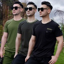 Outdoor military green short-sleeved T-shirt mens military training uniform 2024 summer round neck black top for training slim striped trendy t