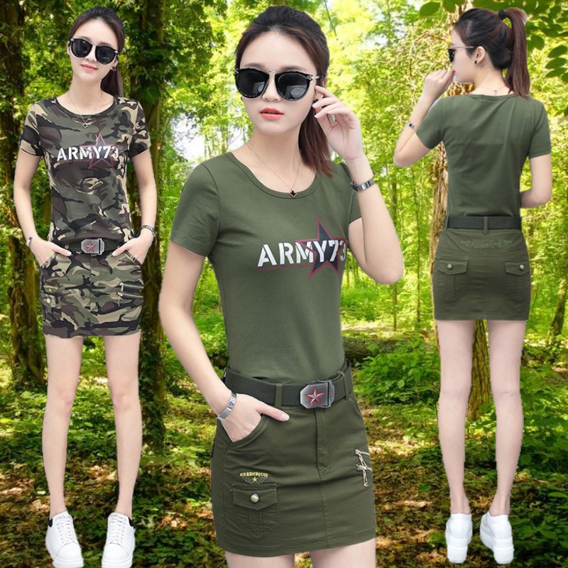 2021 summer camouflage dress skirt suit Outdoor bag arm short skirt Female sense short-sleeved t-shirt military uniform two-piece set s