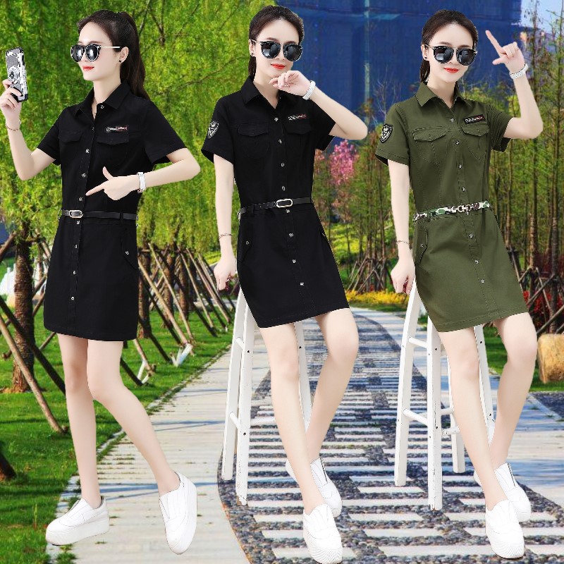 Outdoor army green short-sleeved shirt dress women's military uniform 2021 summer wear one step wrapping arm short skirt net red small black skirt