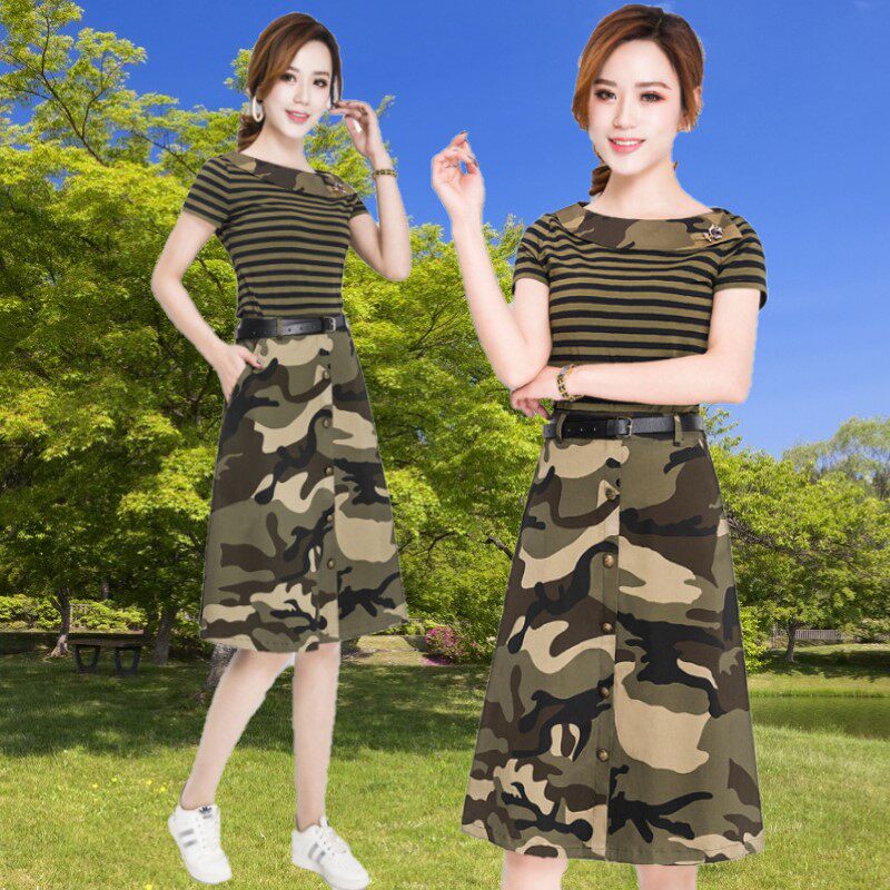 High waist camouflashed half body dress suit woman 2022 summer dress Army meme striped short sleeve T-shirt with long version of skirt Two sets L
