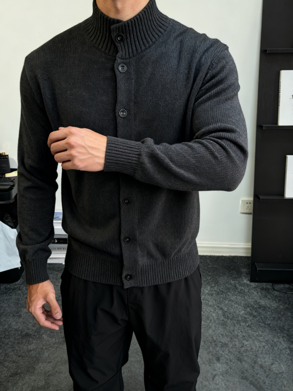 American-Style Tough Guy Cardigan, Thick Knit, Heavy Weight, Solid Color, German-Style Buttoned Knitwear, High-End Long-Sleeve Top for Men