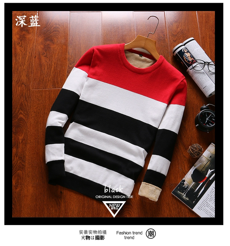 Áo thun cotton nam tay dài cộng với nhung dày cổ tròn sọc đáy áo Hàn Quốc Áo len mỏng ấm áp quần áo thủy triều