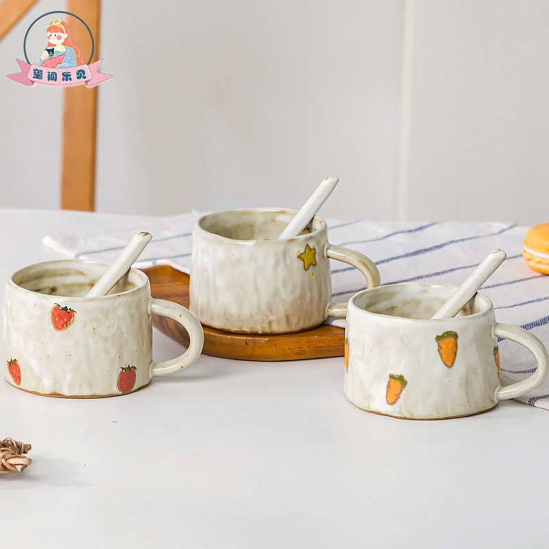 Xi Wen Le See Japanese ceramic Cute strawberry mug Handmade coarse pottery coffee cup spoon Household creative water cup