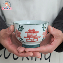 Xi is glad to see Jingdezhen handmade green flower ceramic bowls retro and creative happy bowls home rice bowls and bowls of noodles bowls cutlery