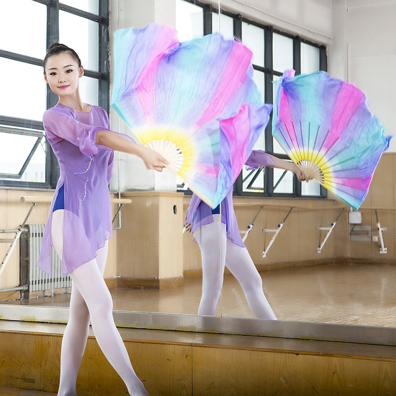 Fan Dance Danzing Real Silk Fan Bifacial Multicolor Dance Fan Lengthened Rice Dancing Fan Classical Dance Fan
