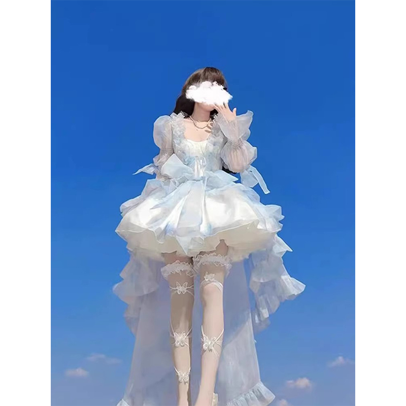 Gorgeous and Elegant Disney Birthday Escape-Princess Dress with Puffy Train, Blue Gown with Shawl, Dress Set for Women