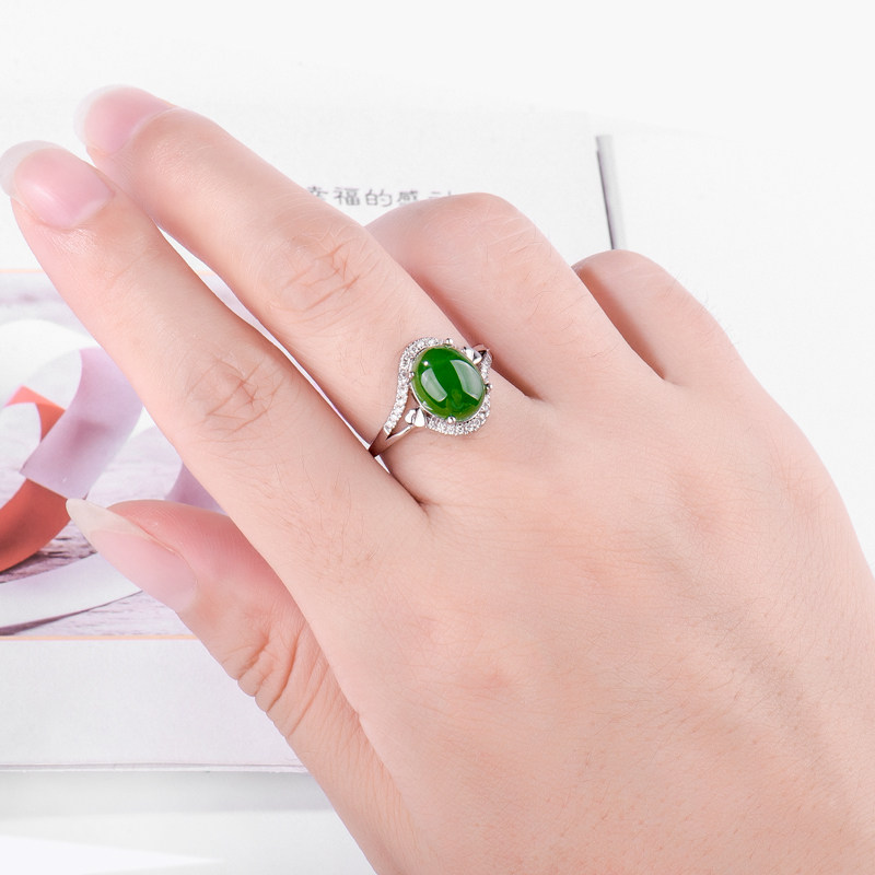 Hetian jade ring female Xinjiang Hetian natural old pit jade S925 sterling silver wave vegetable green jasper ring female