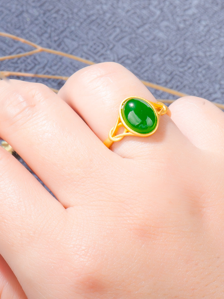 Hetian jade ring S925 pure silver gold-plated natural Xinjiang and Tian Lao pit jade hundred set simple jade ring