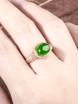 Hetian jade ring female Xinjiang natural horizontal old pit jadeite S925 sterling silver polish green jasper ring female