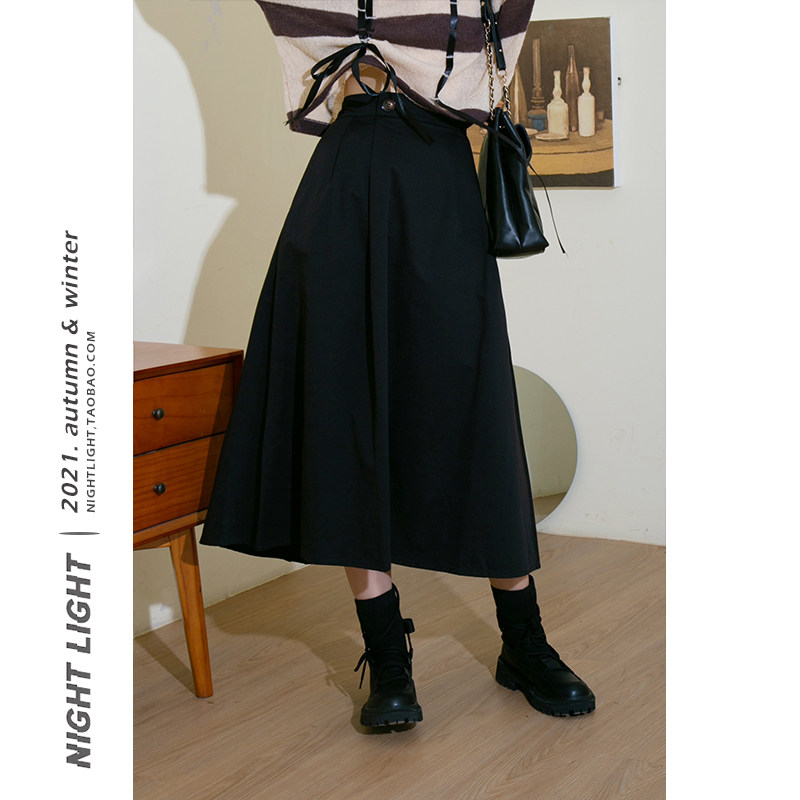 Luminous black harbor Taste Temperament Half Body Slim Fit Lemming Casual 100 Hitch 2021 Winter New Knee Long Skirt